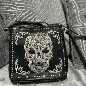 Black Skull Embroidered Crossbody Bag